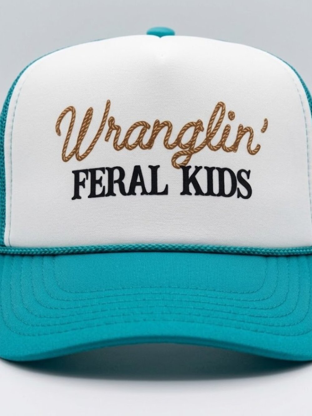 Retro Wranglin Feral Kids Foam Trucker Hat Teal White Rope Snapback Cap Mom Dad - Picture 4 of 4
